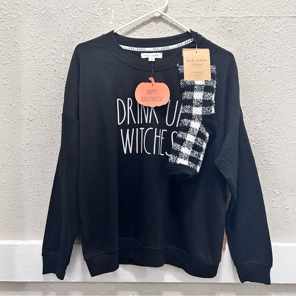 Rae Dunn Halloween "Drink Up Witches" Black Sweatshirt with Socks NWT L